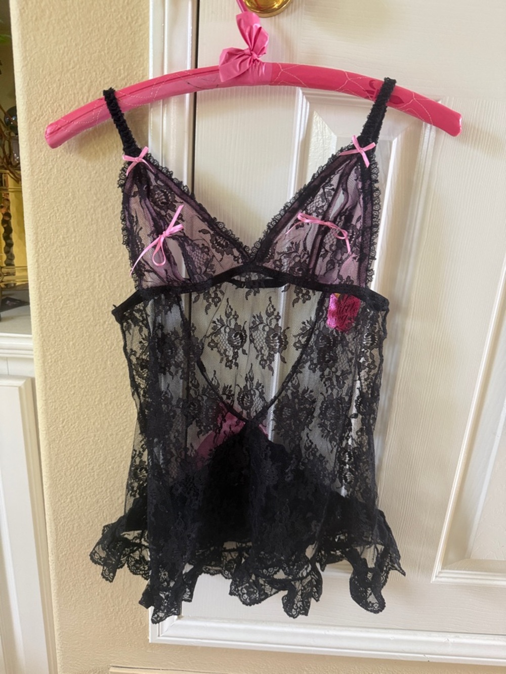 Black Lace & Pink Satin Bows Babydoll sexy Chemise small